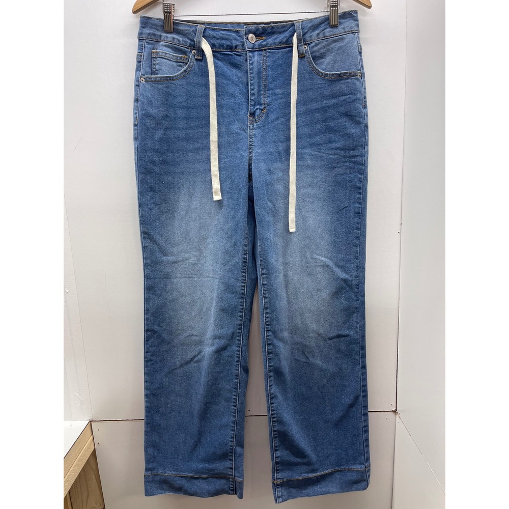Sidefeel Womens Wide Leg Jeans Medium Wash Drawstring Waist Size 12 823-1